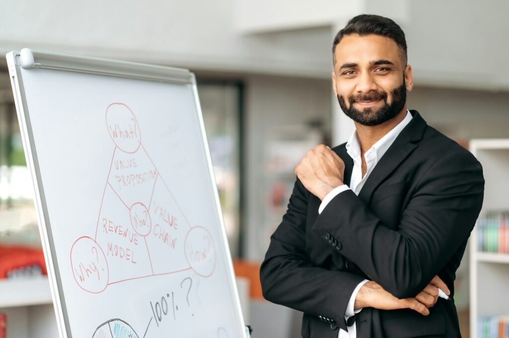 Portrait confident successful influential Indian manager or business coach in a formal suit stands